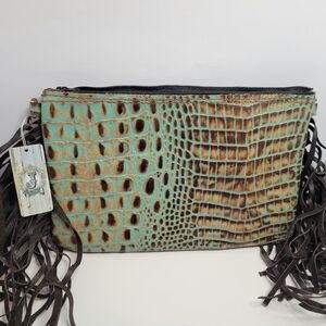 Turquoise and brown leather gator clutch